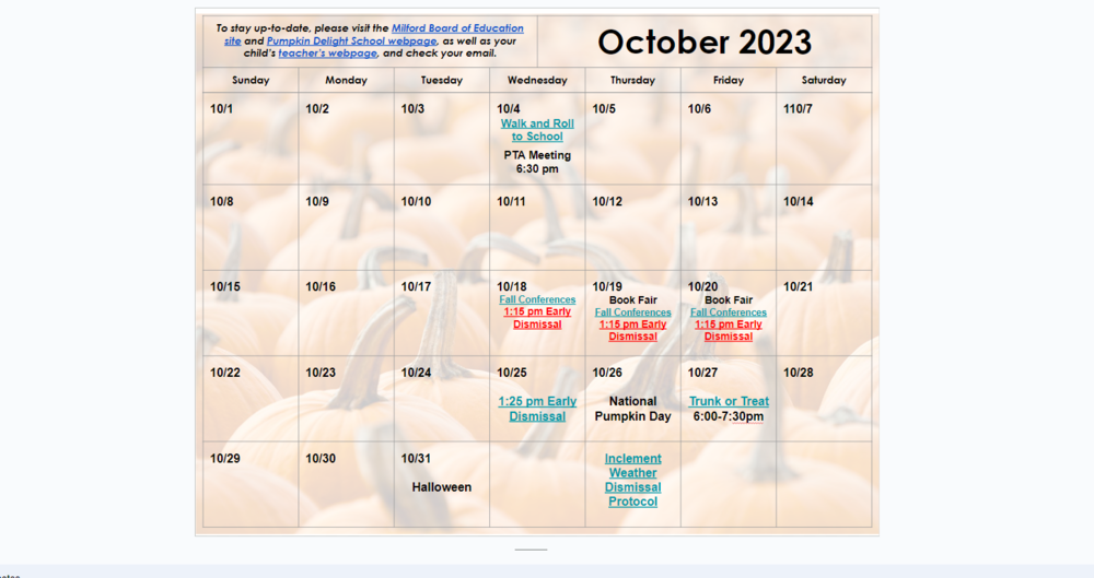 PDS October 2023 Calendar Pumpkin Delight Elementary School